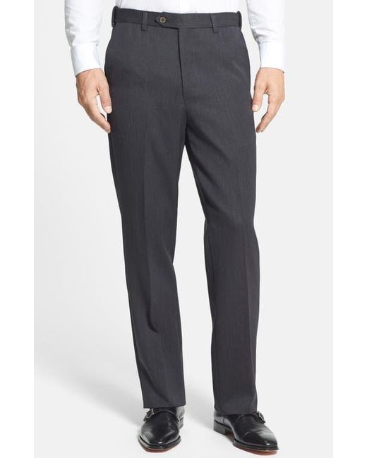 Berle Blue Self Sizer Waist Flat Front Classic Fit Wool Gabardine Trousers for men