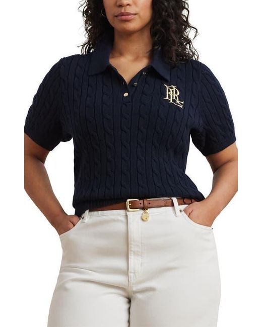 Ralph Lauren Blue Embroidered Cable Cotton Polo Sweater