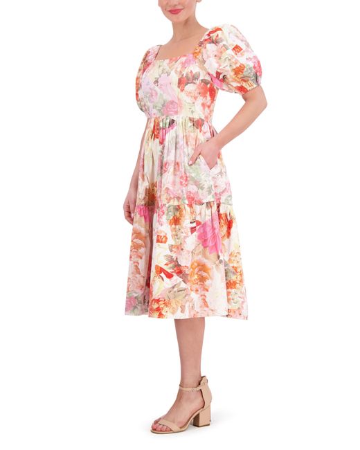 Vince Camuto Red Floral Square Neck Puff Sleeve Cotton Midi Dress