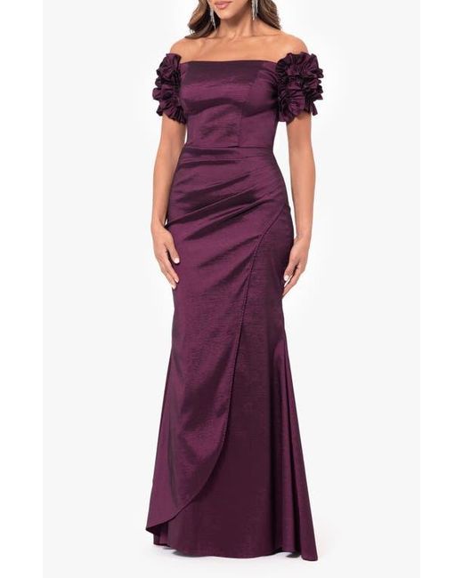 Xscape Evenings Purple Off The Shoulder Taffeta Sheath Gown