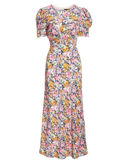 Saloni Red Bianca Puff Sleeve Silk Midi Dress