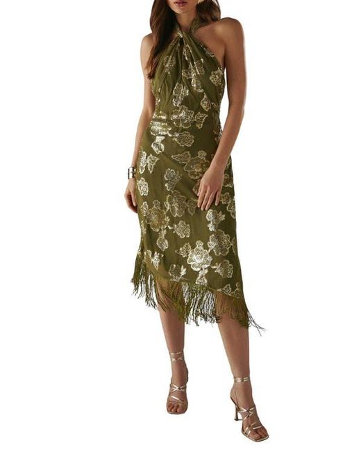 Warehouse Green Metallic Chiffon Wrap Front Midi Dress