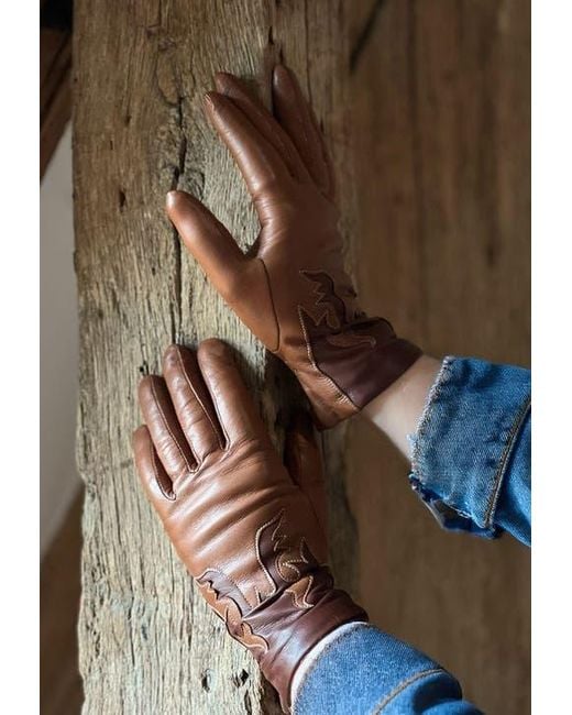Agnelle Brown Trissy Boot Patterned Alpaca Lined Lambskin Gloves