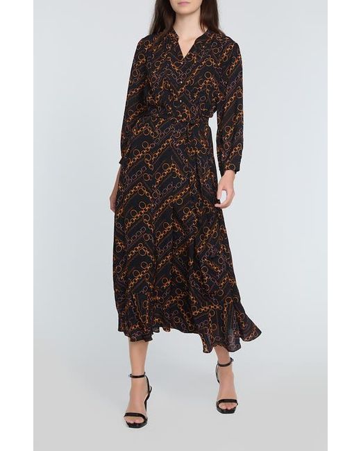 Tahari Black The Mila Chain Print Pleated Long Sleeve Stretch Silk Midi Dress