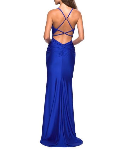 La Femme Blue Form Fitting Jersey Dress With Ruching And Strappy Back