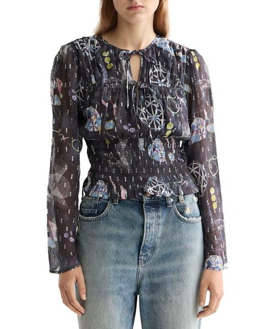 Scotch & Soda Gray Long Sleeve Smocked Waist Chiffon Top