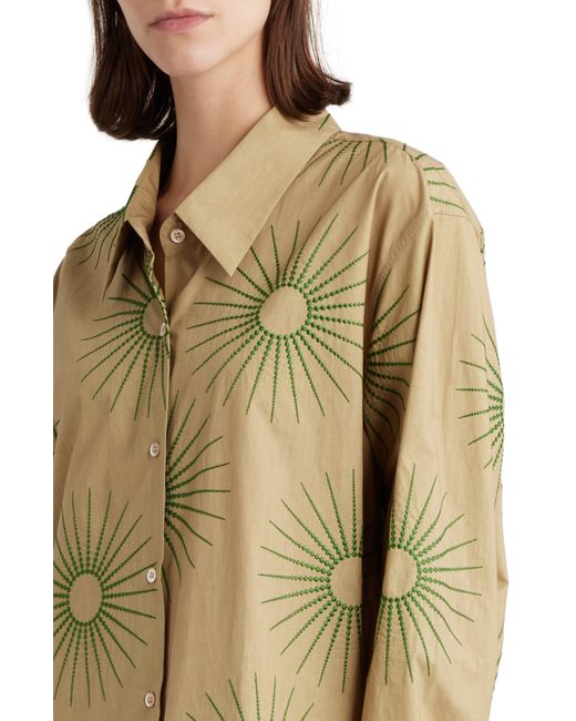 Dries Van Noten Natural Burst Embroidered Long Sleeve Cotton Poplin Shirtdress