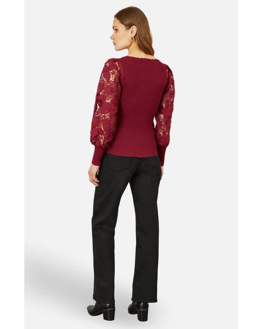 Yumi' Red Ribbed Knitted Lace Sleeve Top