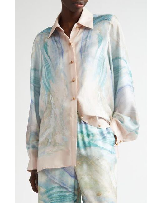 Zimmermann Blue Agate Print Silk Button-Up Shirt