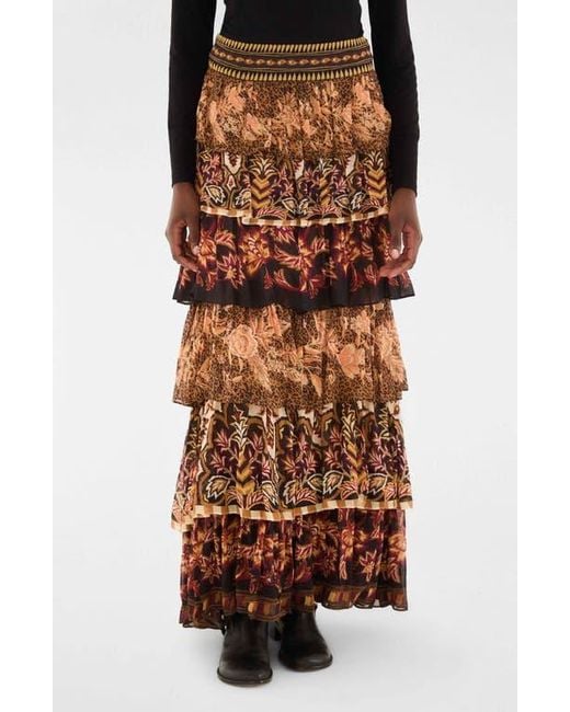 Farm Rio Brown Mixed Scarf Print Tiered Ruffle Maxi Skirt