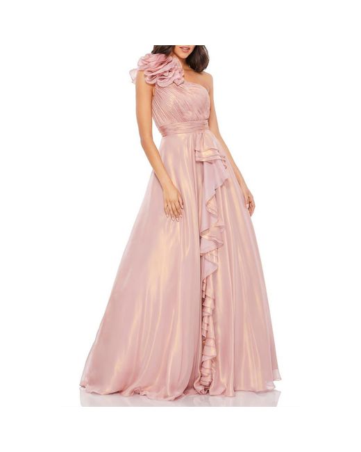 Mac Duggal Pink Iridescent One Shoulder Rosette Ball Gown