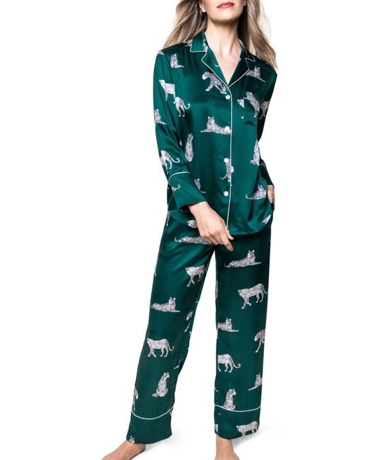 Petite Plume Green Panthre De Nuit Piped Mulberry Silk Pajamas