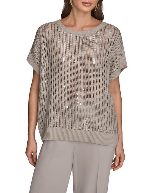 Donna Karan Gray Sequin Open Stitch Short Sleeve Sweater
