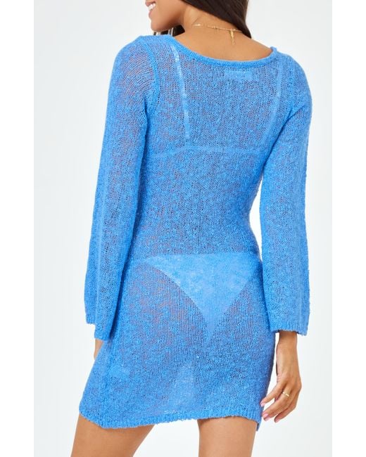 L*Space Blue Palisades Long Sleeve Sheer Cover-up Minidress