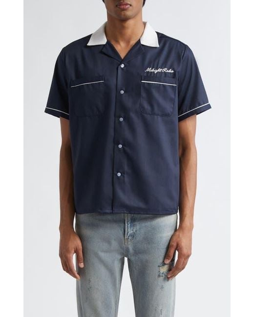 MIDNIGHT RODEO Blue Chain Stitch Piped Voile Camp Shirt for men