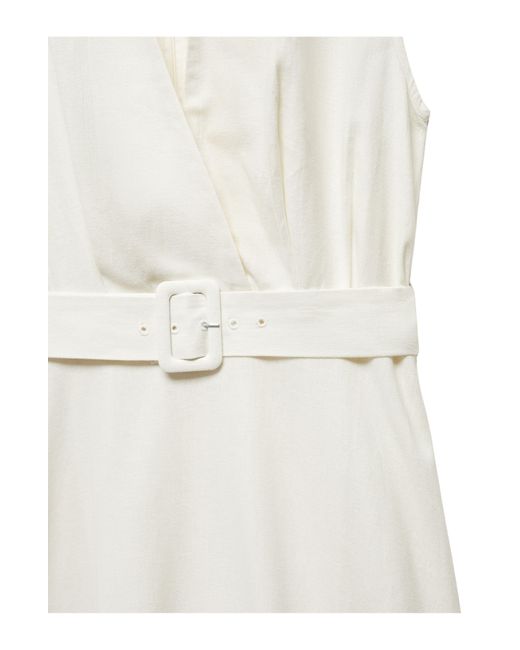 Mango White Sleeveless Belted Linen Dress