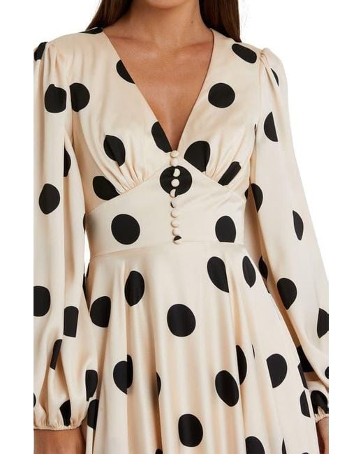 Mac Duggal Natural Polka Dot Charmeuse Long Sleeve V Neck Midi Dress