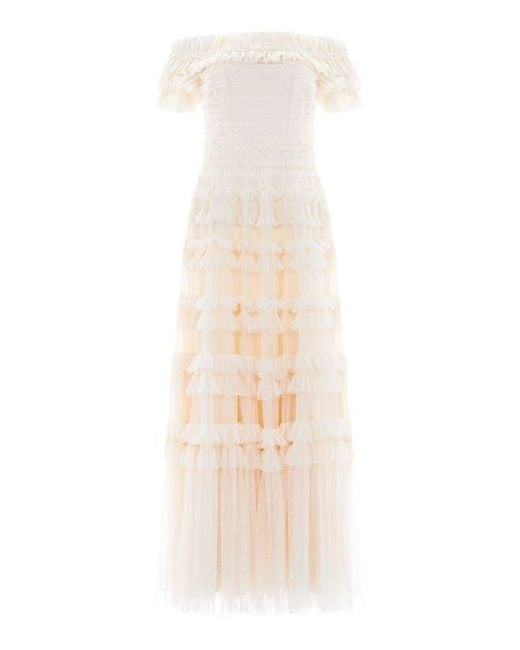 Needle & Thread Natural Lisette Ruffle Off Shoulder Gown