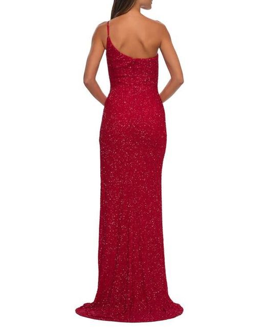 La Femme Red Elegant Soft Sequin One Shoulder Long Dress