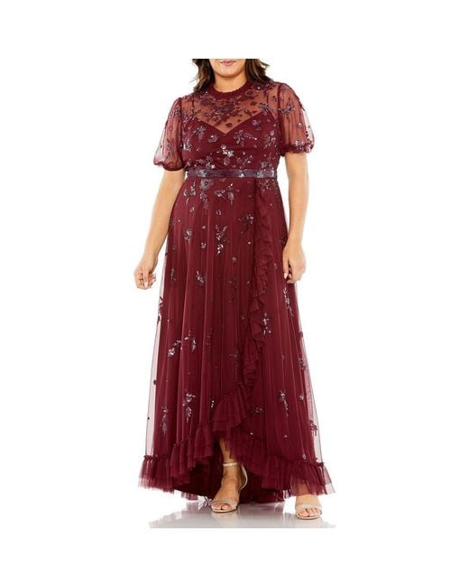 Mac Duggal Red High Neck Puff Short Sleeve Embellished Faux Wrap