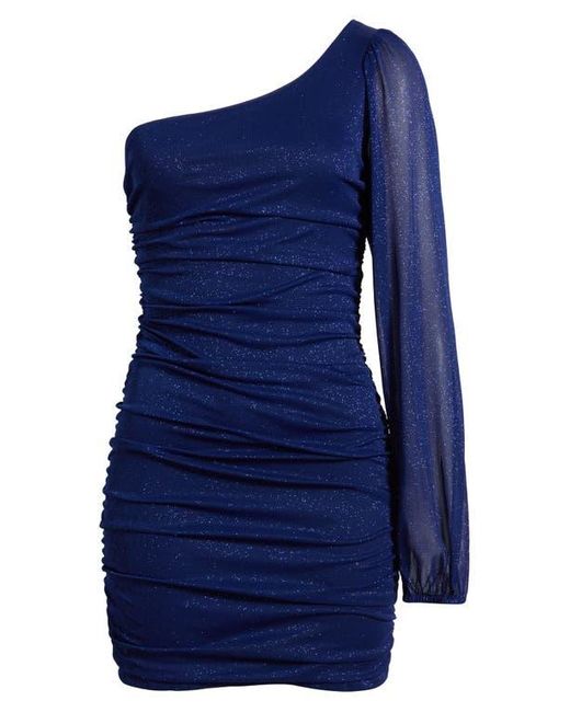 Jump Apparel Blue One Shoulder Metallic Ruched Minidress