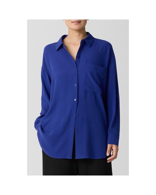 Eileen Fisher Classic Collar Silk Longline Button-Up Shirt in Blue | Lyst