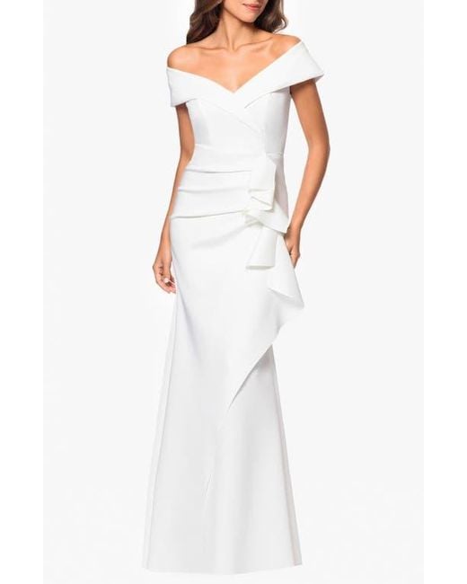 Xscape Evenings White Off The Shoulder Ruffle Scuba Crepe Gown