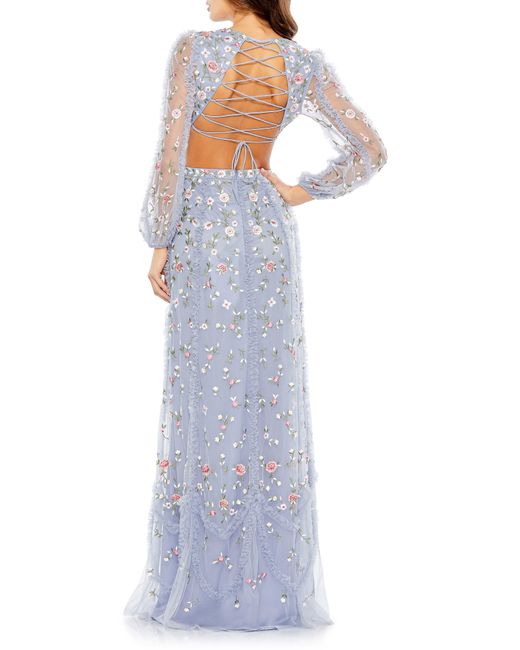 Mac Duggal Blue Embroidered Long Illusion Sleeve Sheath Gown