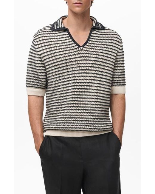 Mango Men's Gray Stripe Open Stitch Cotton Polo