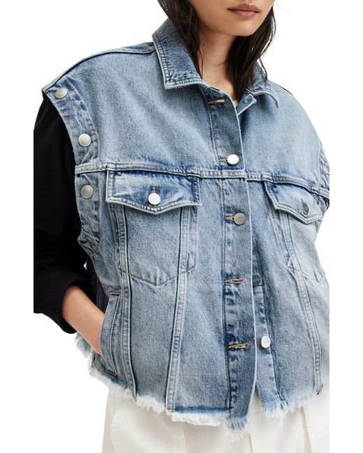 AllSaints Blue Chlo 2-in-1 Oversize Denim Jacket With Removable Sleeves