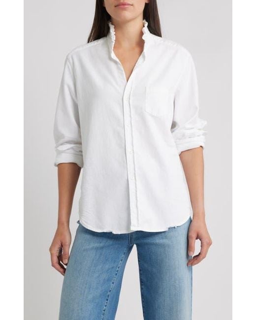 Frank & Eileen White Ruffle Collar Relaxed Fit Cotton Button-Up Shirt