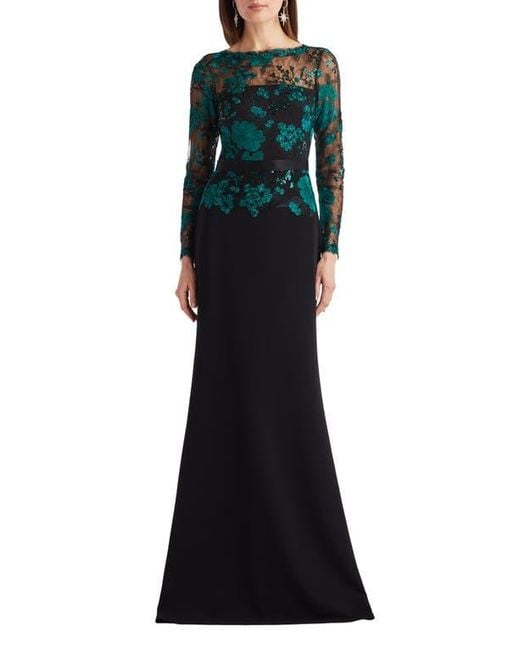 Tadashi Shoji Black Floral Lace Embroidery Long Sleeve Gown