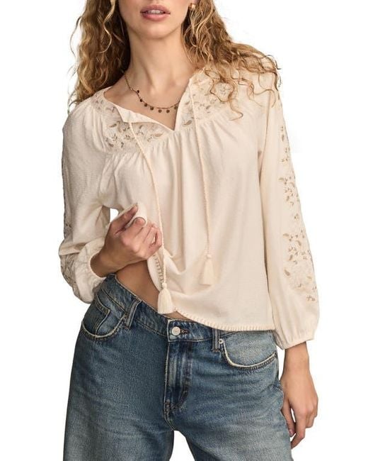 Lucky Brand Blue Embroidered Peasant Top