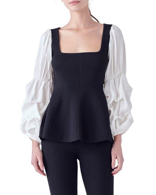 English Factory Blue Mixed Media Rib Top