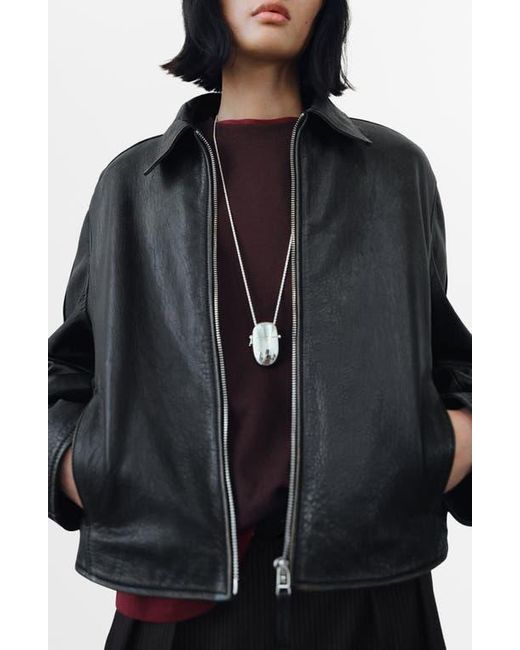 Mango Black Leather Bomber Jacket