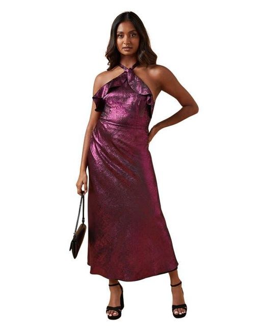 Oasis Purple Foil Halterneck Ruffle Foil Midaxi Dress