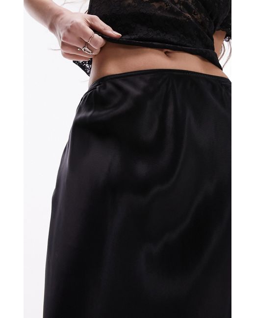 TOPSHOP Black Lace Trim Satin Midi Skirt
