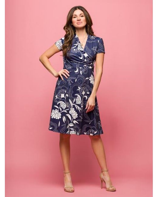 24seven Comfort Apparel Blue Print Short Sleeve Knee Length V-Neck Wrap Dress