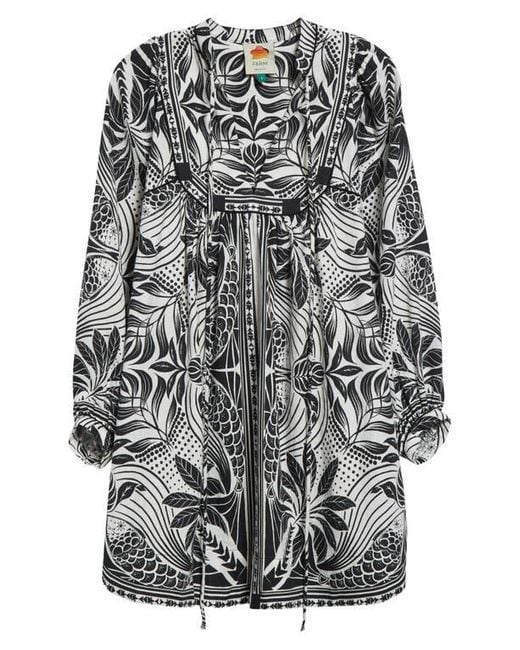 Farm Rio Black Monochrome Elegance Scarf Print Long Sleeve Linen Blend Minidress