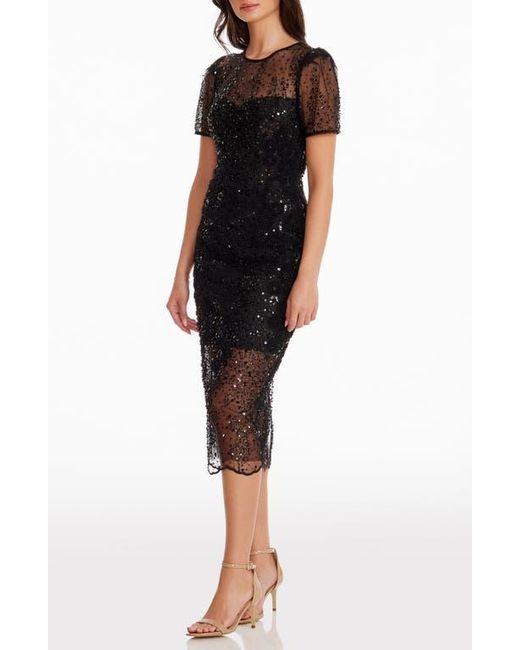 Dress the Population Black Lia Sequin Illusion Mesh Overlay Midi Cocktail Dress