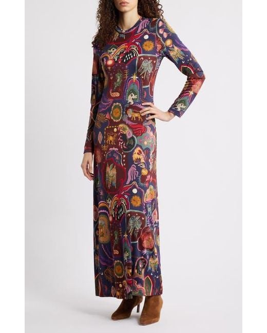 Farm Rio Red Artsy Surreal Long Sleeve Floral Jersey Dress