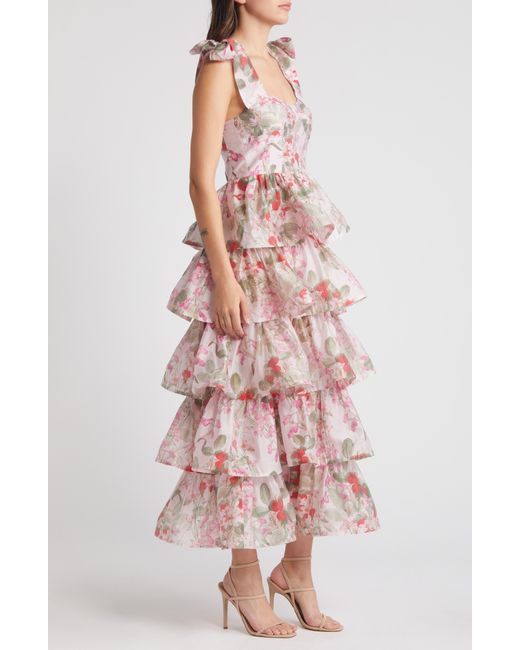 & Other Stories Pink & Floral Tie Strap Tiered Midi Dress