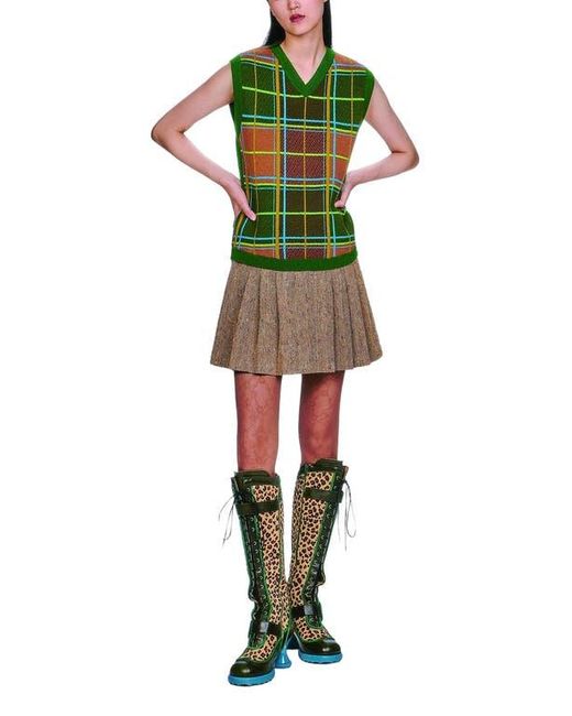 Anna Sui Green Herringbone Pleated Skirt