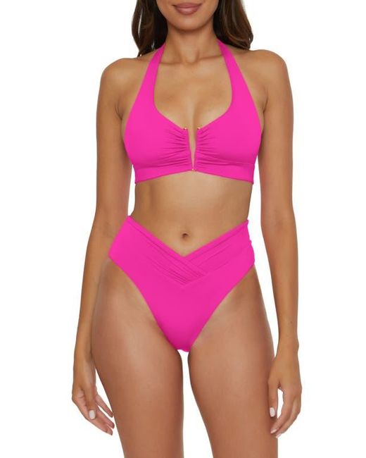 Becca Pink Shirred V-Wire Halter Bikini Top