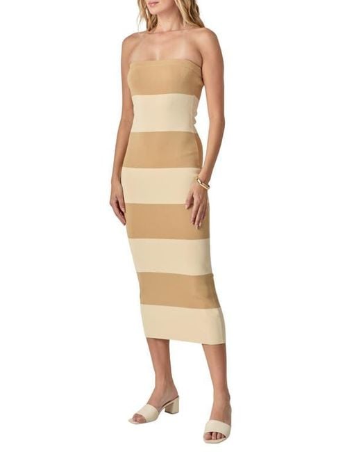 Endless Rose Natural Stripe Strapless Tube Midi Dress