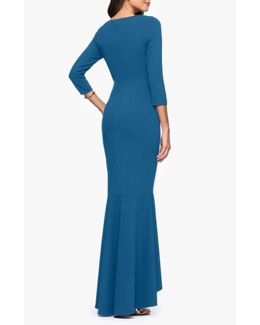 Betsy & Adam Blue Ruffle Scuba Crepe Faux Wrap High-Low Mermaid Gown
