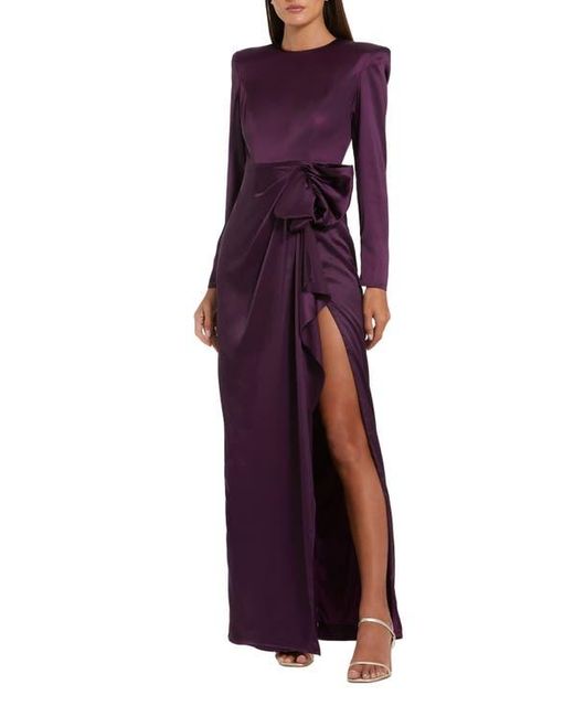 Mac Duggal Purple Long Sleeve Structured Bow Draped Column Gown