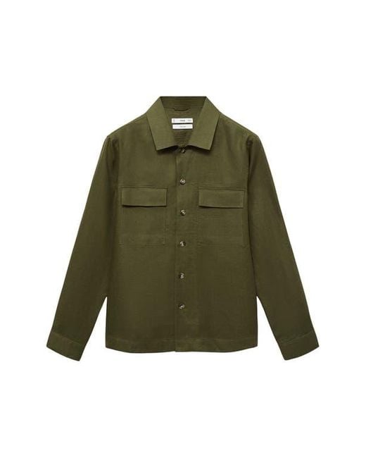 Mango Green Linen Overshirt With Pockets for men