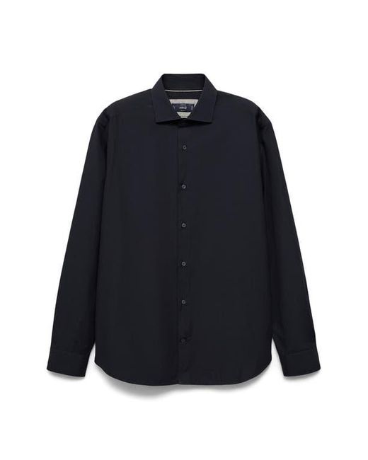 Mango Blue Regular Fit Solid Cotton Button-Up Shirt for men