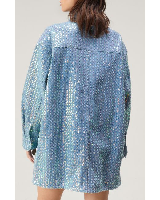 Nasty Gal Blue Sequin Denim Oversize Snap-up Shirt